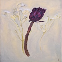 Single white and purple flower in realist style – artwork by Anna Ovsiankina Linked to harmony of contrasts by Anna Ovsiankina